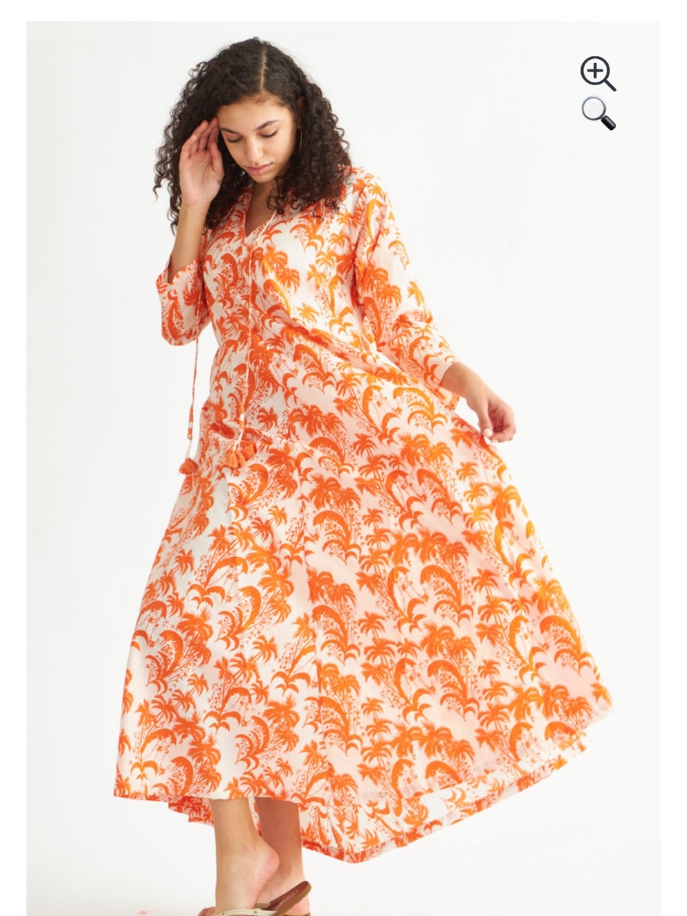 Orange and White Printed Maxi Dress with Tassel Tie